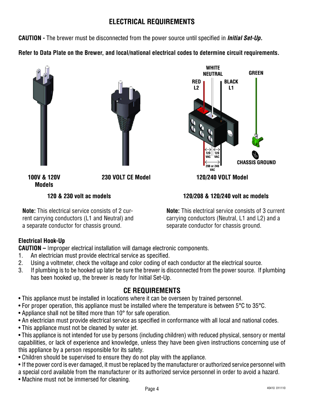 Bunn 40410.0000G Electrical Requirements, CE Requirements, Volt CE Model 120/240 Volt Model, 120 & 230 volt ac models 