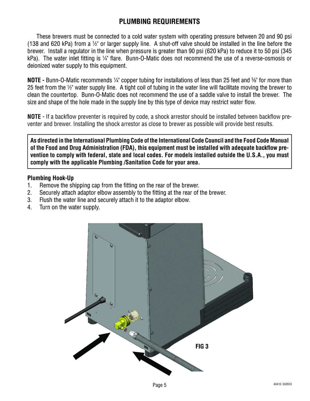 Bunn 40410.0000G service manual Plumbing Requirements, Plumbing Hook-Up 