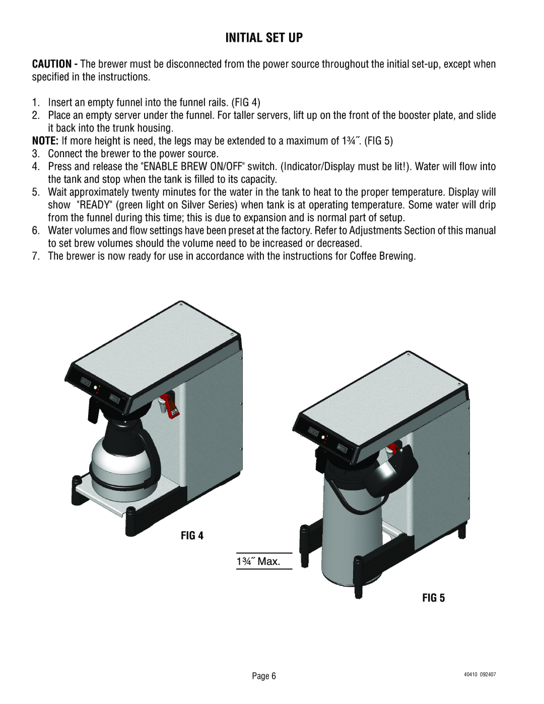 Bunn 40410.0000G service manual Initial SET UP 