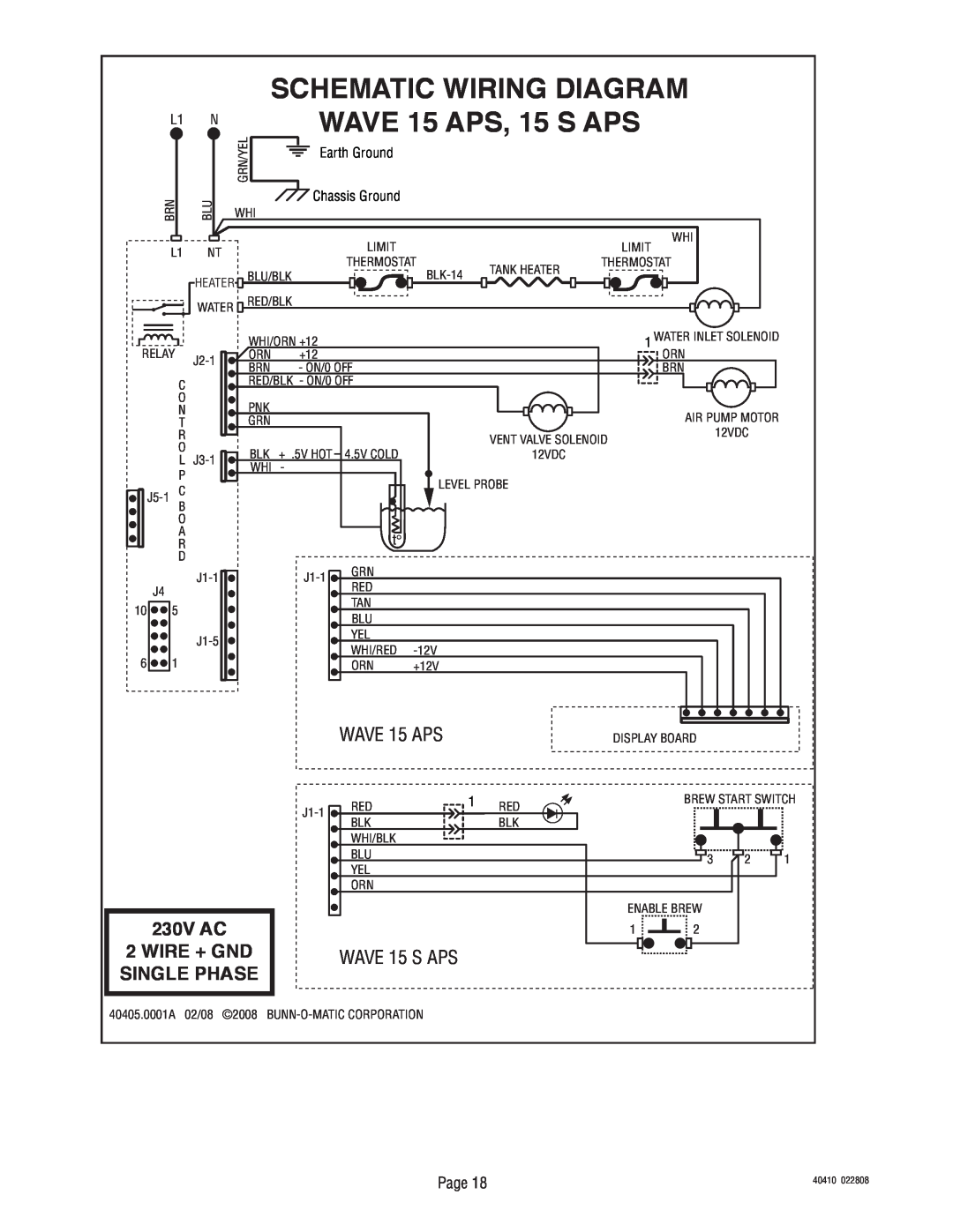 Bunn 40410.0000G Schematic Wiring Diagram, WAVE 15 APS, 15 S APS, Wire + Gnd, Single Phase, 230V AC, Earth Ground 