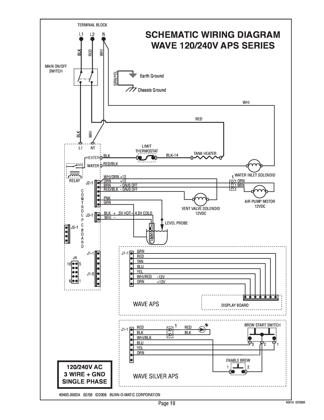 Bunn 40410.0000G Schematic Wiring Diagram, WAVE 120/240V APS SERIES, 120/240V AC, Wire + Gnd, Single Phase, Wave Aps 
