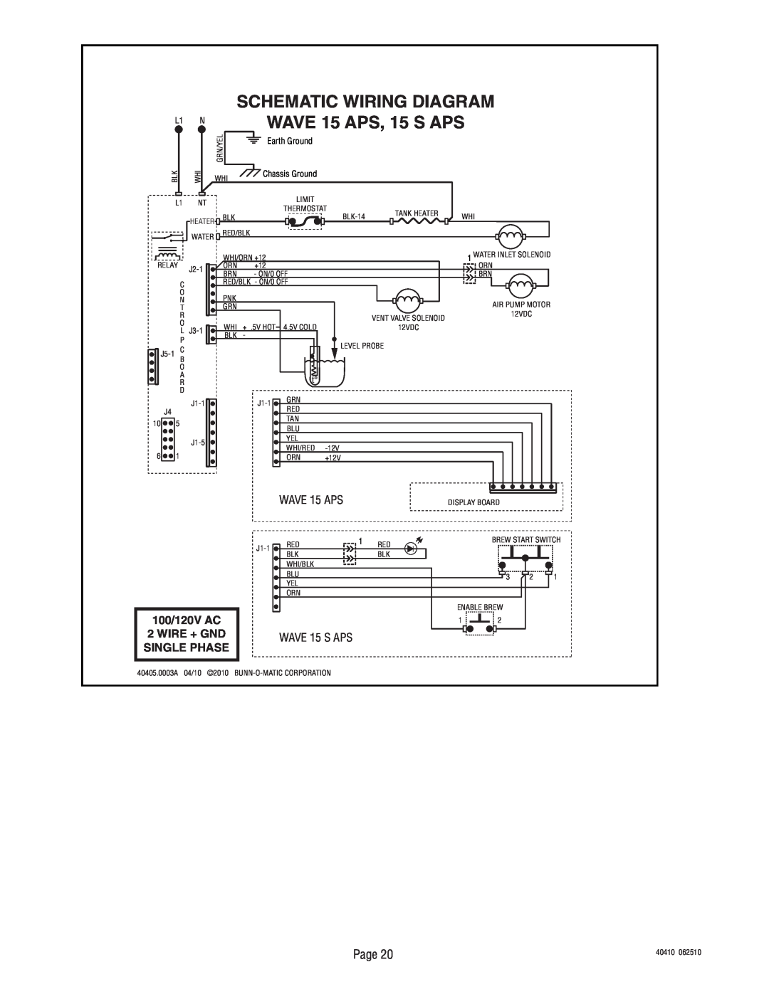 Bunn 40410.0000G Schematic Wiring Diagram, WAVE 15 APS, 15 S APS, Page, 100/120V AC, Wire + Gnd, WAVE 15 S APS 