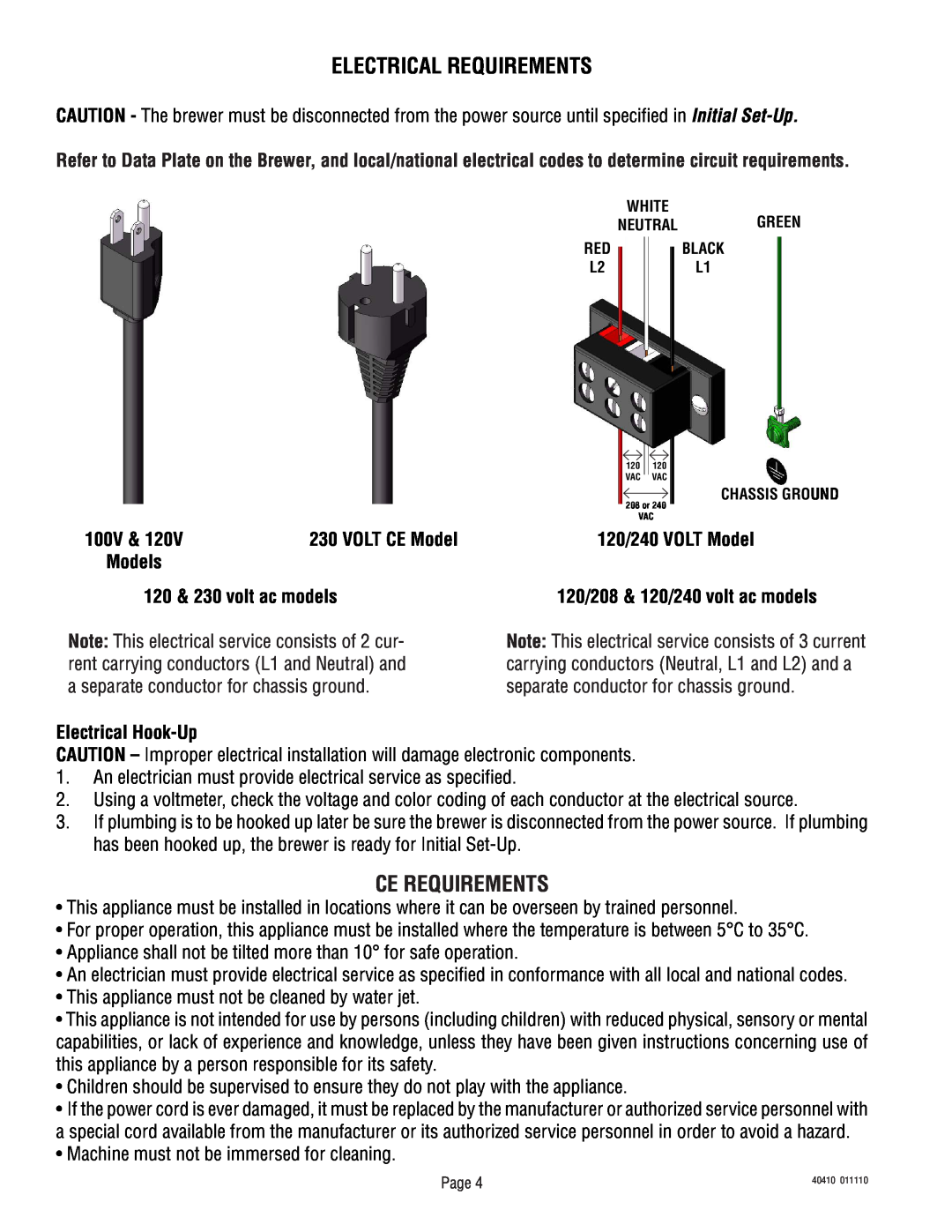 Bunn 40410.0000G Electrical Requirements, Ce Requirements, VOLT CE Model, 120/240 VOLT Model, 120 & 230 volt ac models 