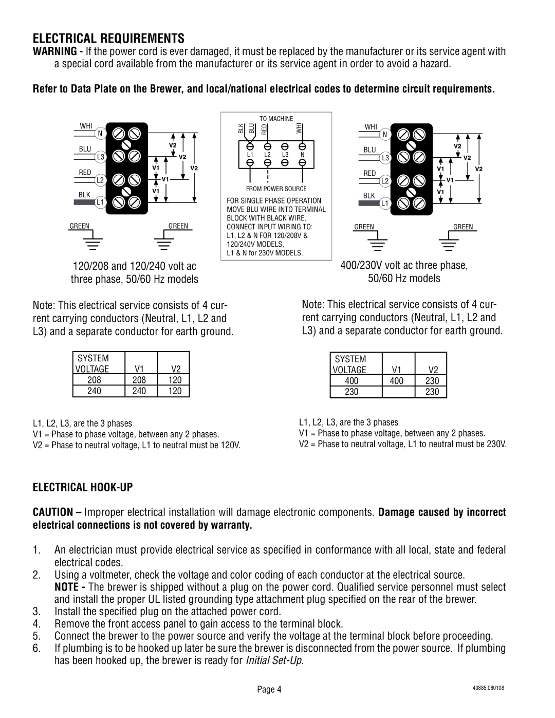 Bunn 40885.0000E manual Electrical Requirements, 120/208 and 120/240 volt ac three phase, 50/60 Hz models 