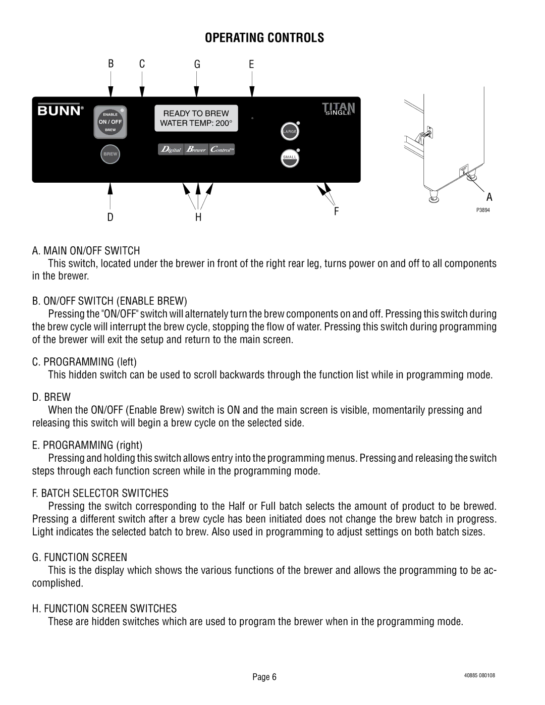 Bunn 40885.0000E manual Operating Controls, Main ON/OFF Switch 