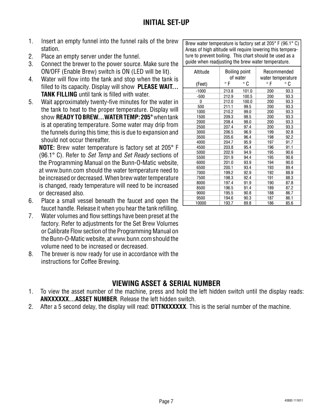Bunn 40885.0000E manual Initial SET-UP, Viewing Asset & Serial Number 
