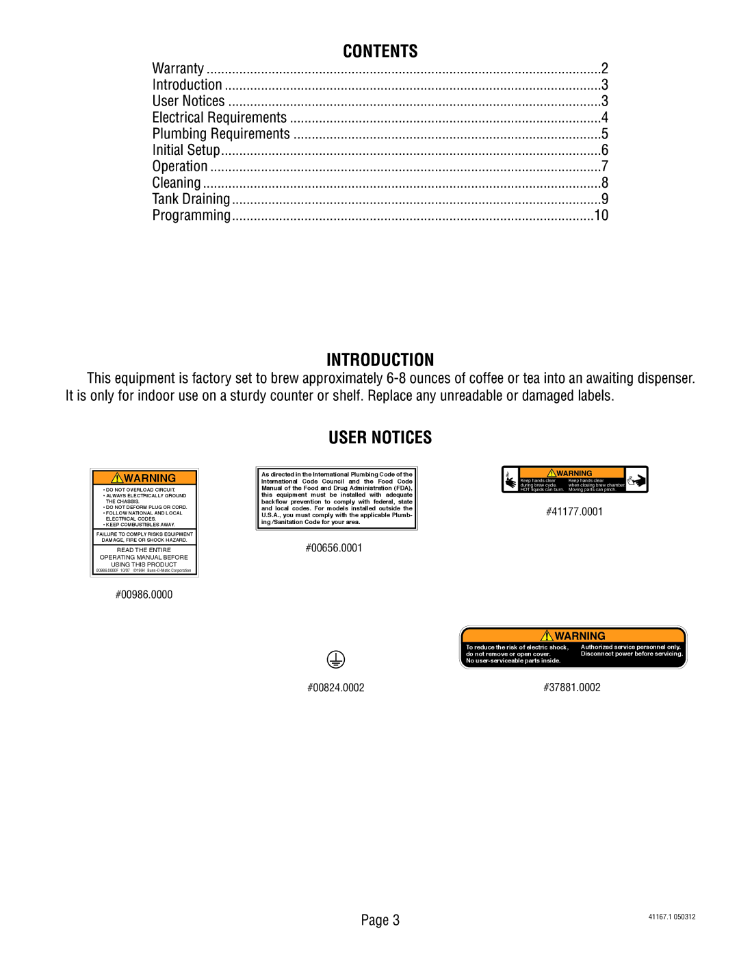 Bunn 41167.0001B service manual Introduction, User Notices 