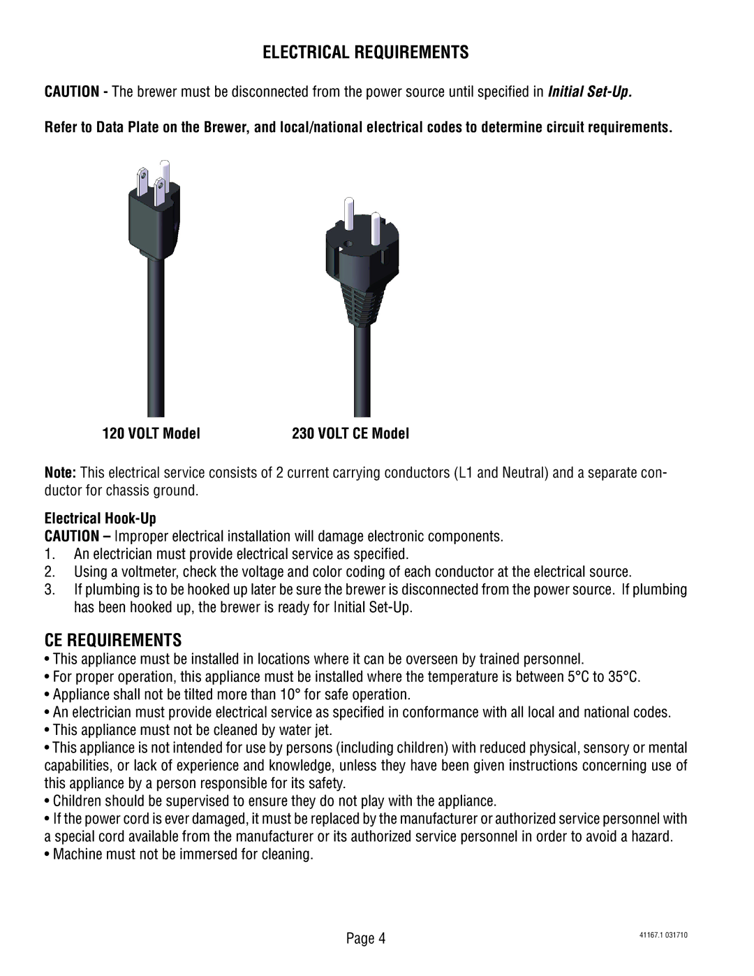 Bunn 41167.0001B Electrical Requirements, CE Requirements, Volt Model Volt CE Model Volt UK Model Electrical Hook-Up 