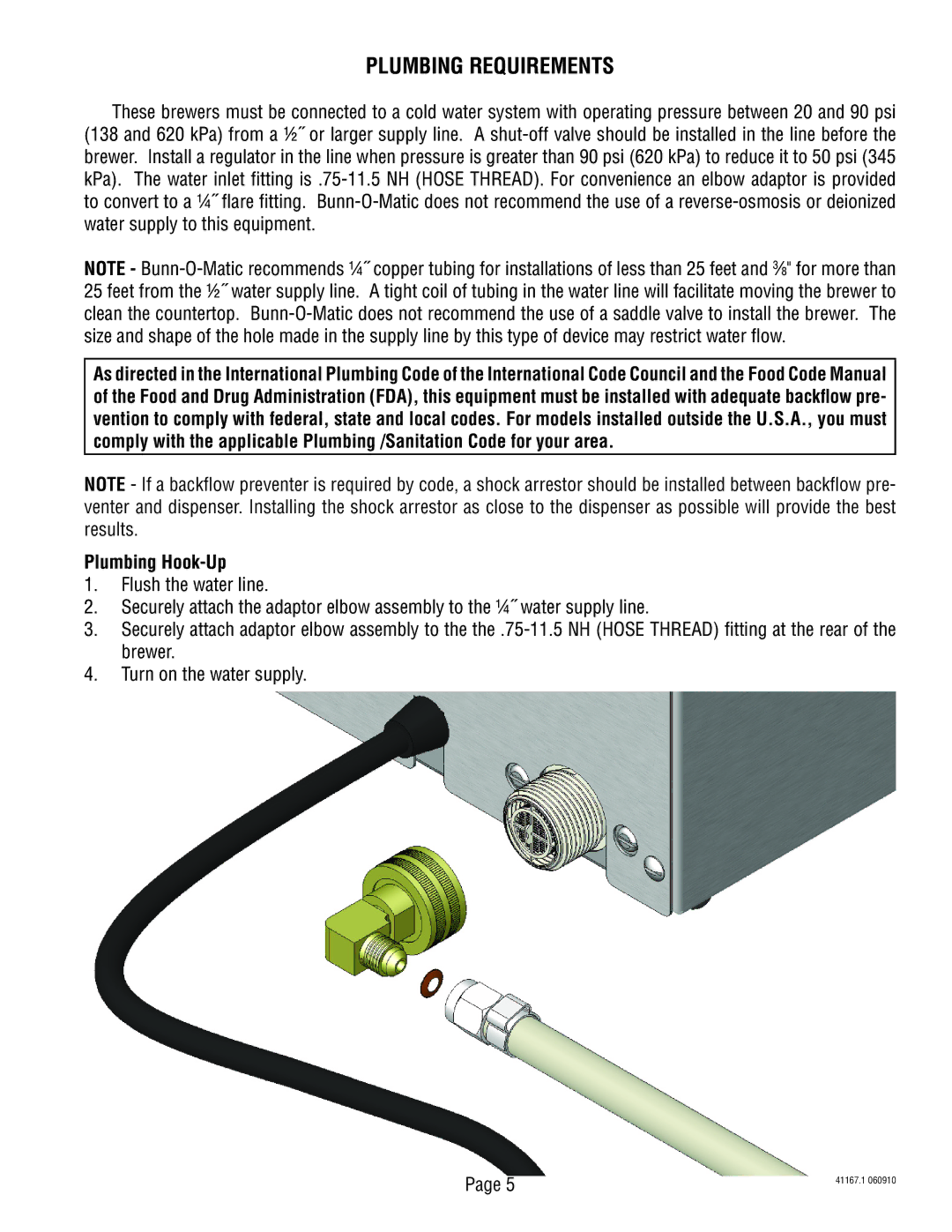 Bunn 41167.0001B service manual Plumbing Requirements, Plumbing Hook-Up 