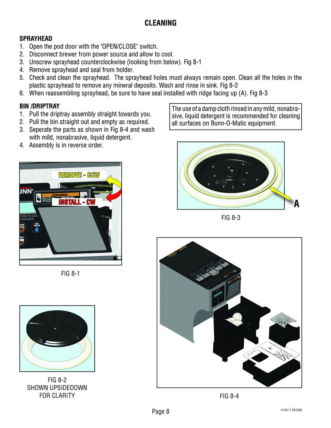 Bunn 41167.0001B service manual Cleaning, Sprayhead, Bin /Driptray 