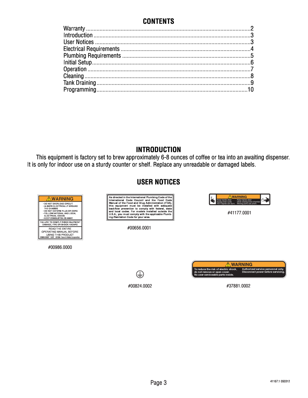 Bunn 41167.0001B service manual Introduction, User Notices 
