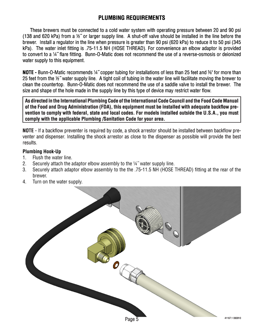 Bunn 41167.0001B service manual Plumbing Requirements, Plumbing Hook-Up 
