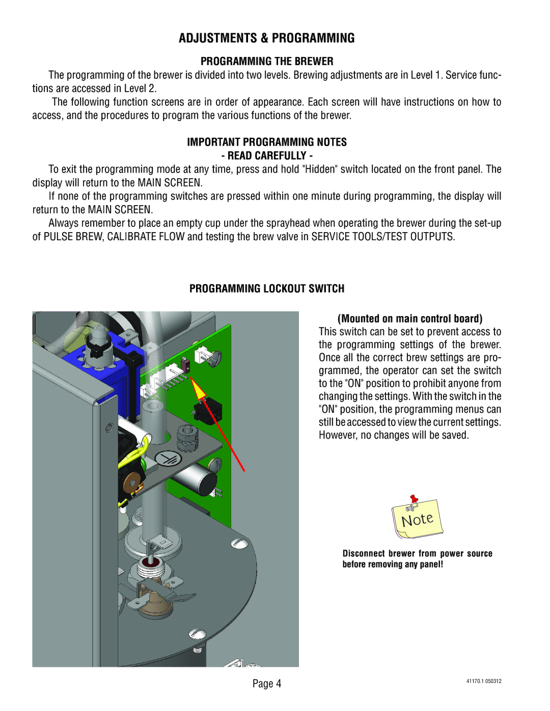 Bunn 41170.0001A manual Adjustments & Programming, Programming the Brewer, Important Programming Notes Read Carefully 