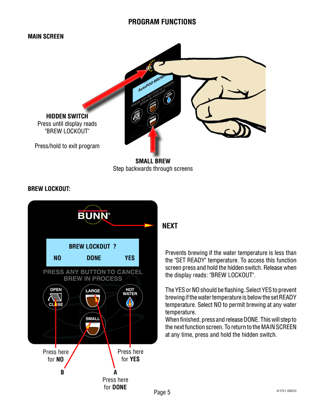 Bunn 41170.0001A manual Program Functions, Next 