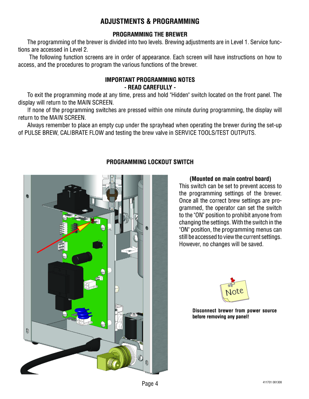 Bunn 411701 manual Programming the Brewer, Important Programming Notes Read Carefully, Programming Lockout Switch 