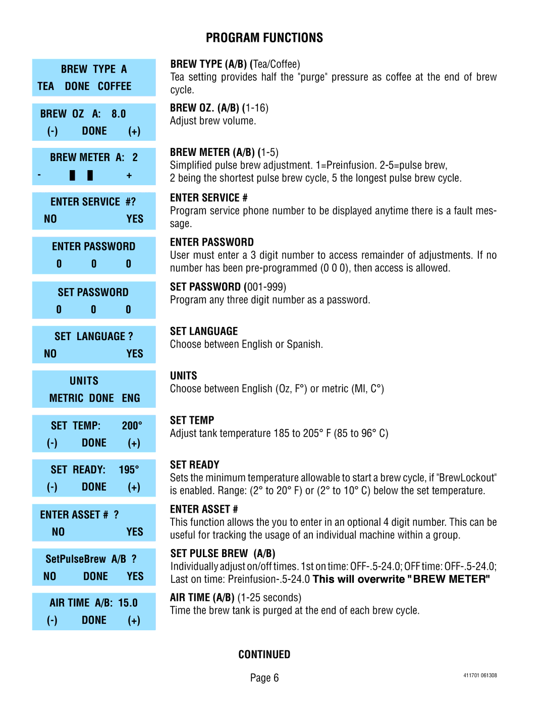 Bunn 411701 manual SET Ready, Enter Asset # ? Noyes, Enter Service #, SET Language, Units, SET Temp, SET Pulse Brew A/B 