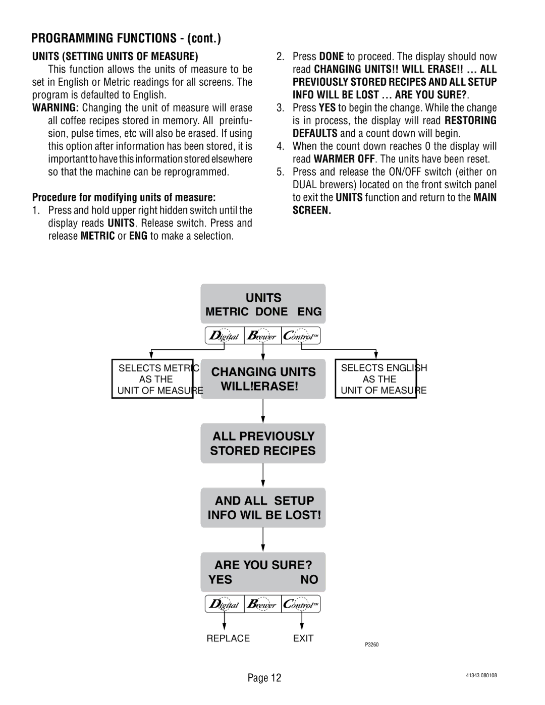 Bunn 41343 manual Units Setting Units of Measure, Procedure for modifying units of measure 