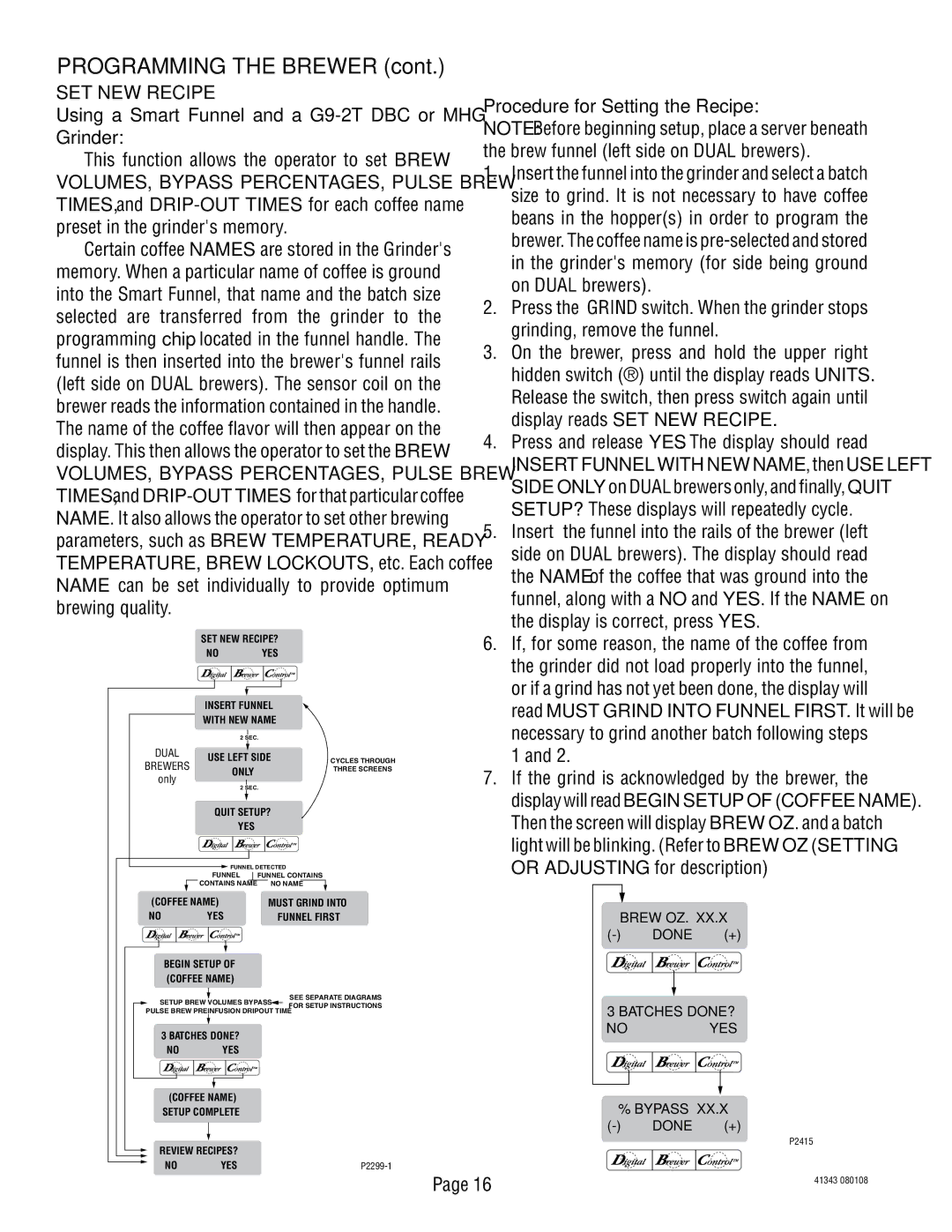 Bunn 41343 manual SET NEW Recipe, This function allows the operator to set Brew, Procedure for Setting the Recipe 