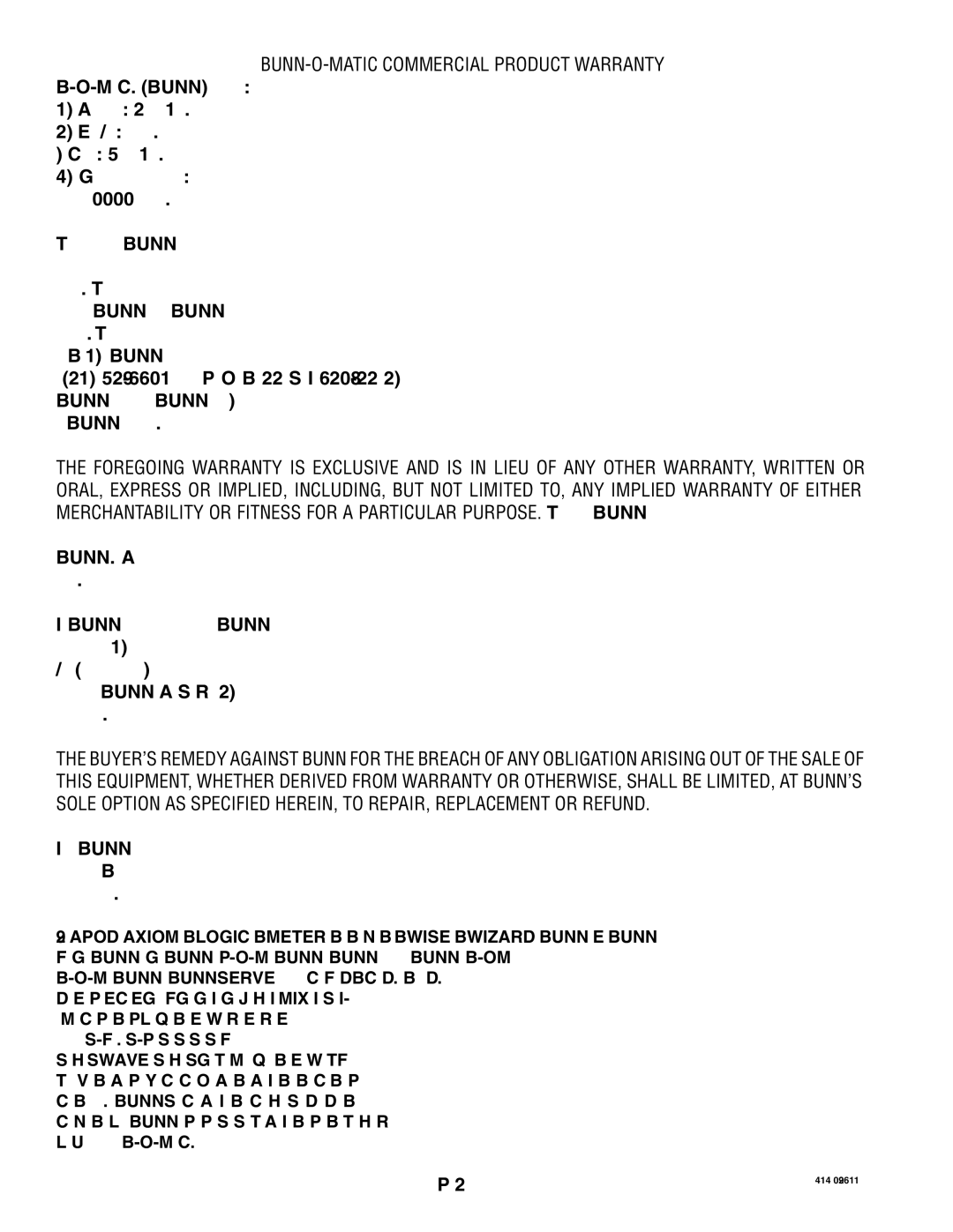 Bunn 41343 manual BUNN-O-MATIC Commercial Product Warranty 