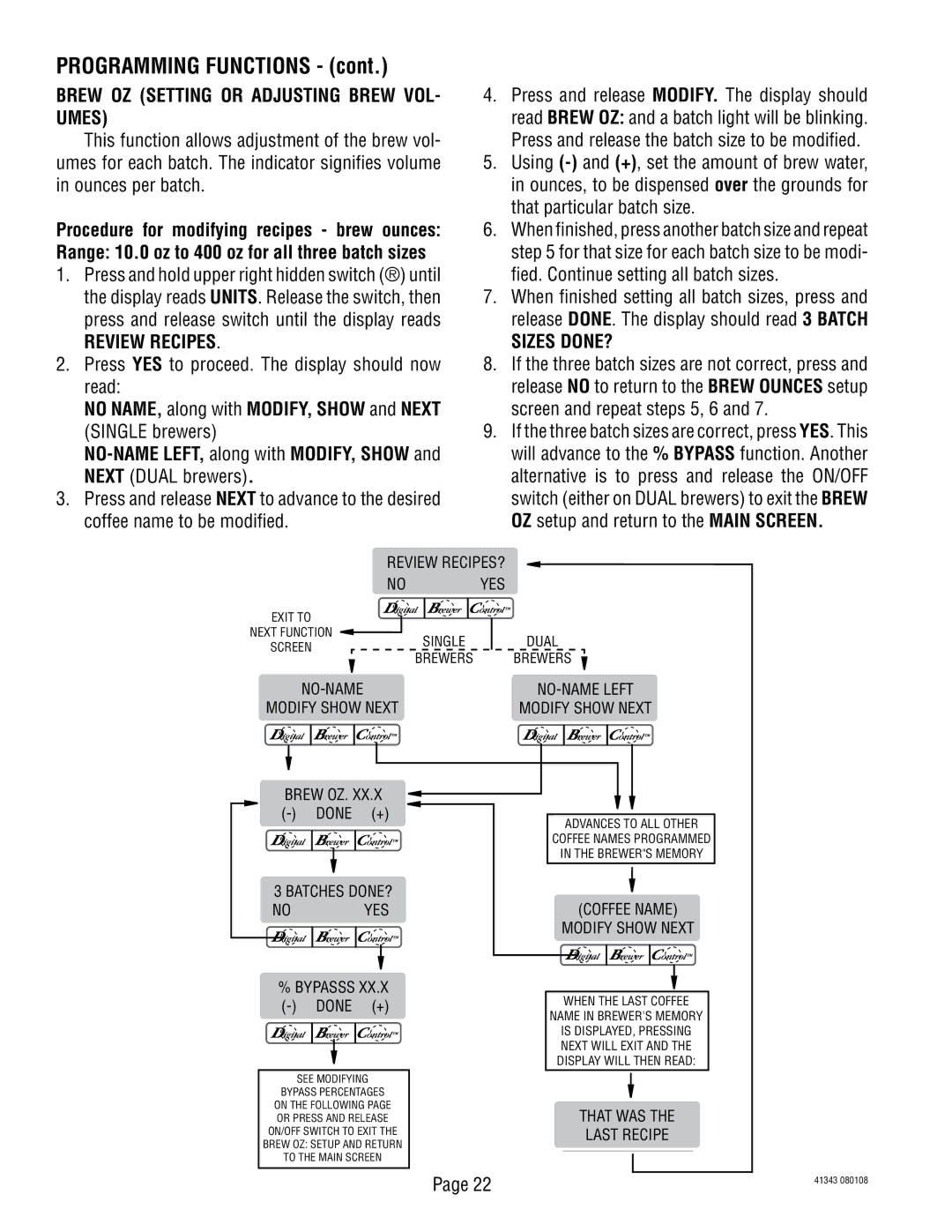 Bunn 41343 manual Brew OZ Setting or Adjusting Brew VOL- Umes, Batches DONE? No YES 