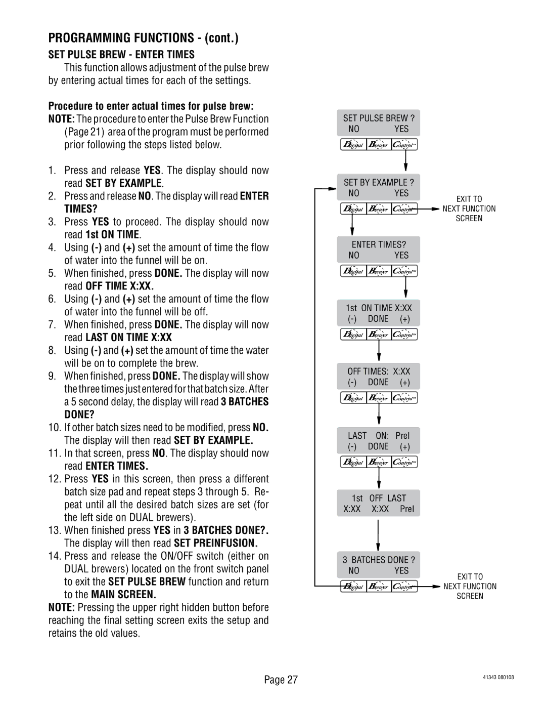 Bunn 41343 manual SET Pulse Brew Enter Times, Times?, To the Main Screen 