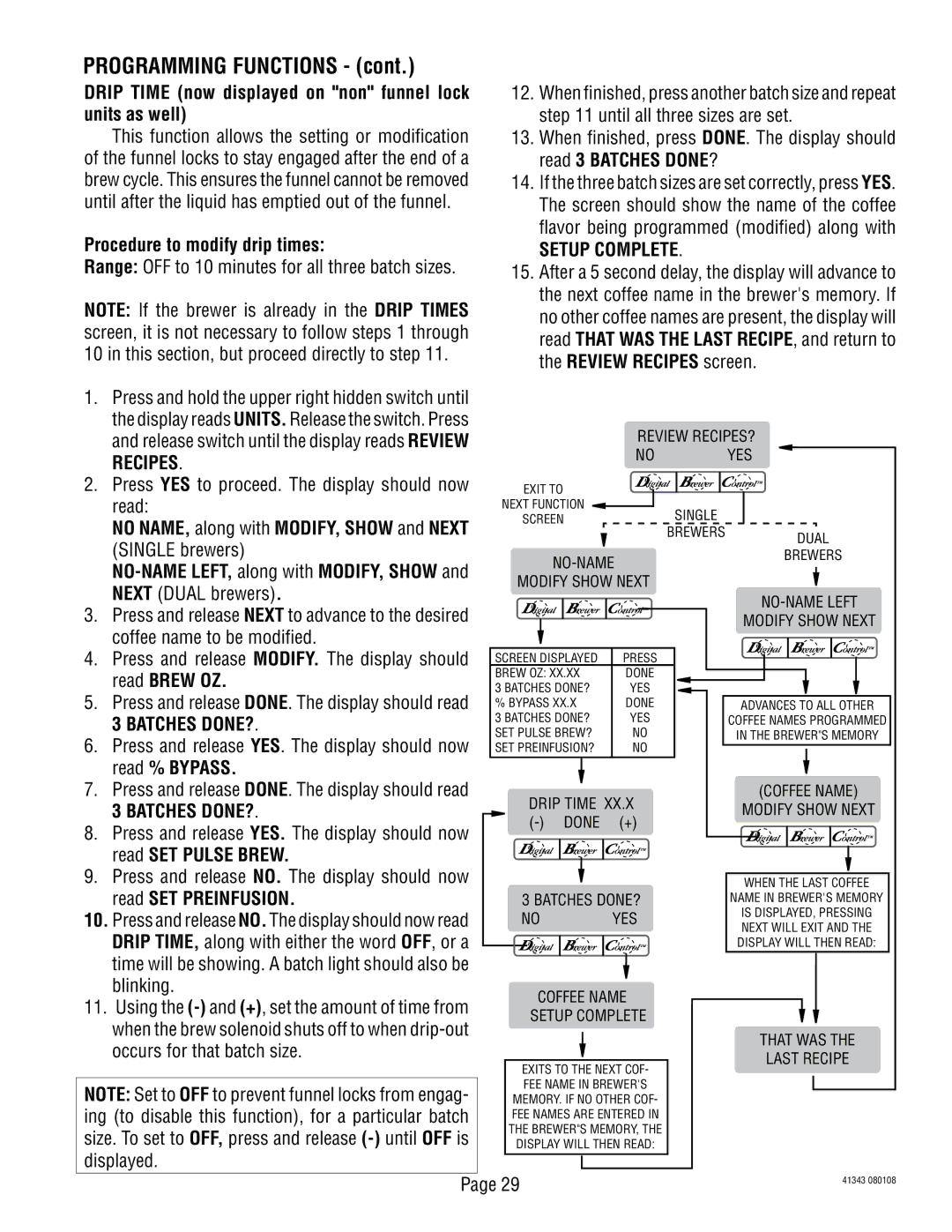 Bunn 41343 manual Units as well, Procedure to modify drip times, Setup Complete, Review Recipes screen, Read Brew OZ 