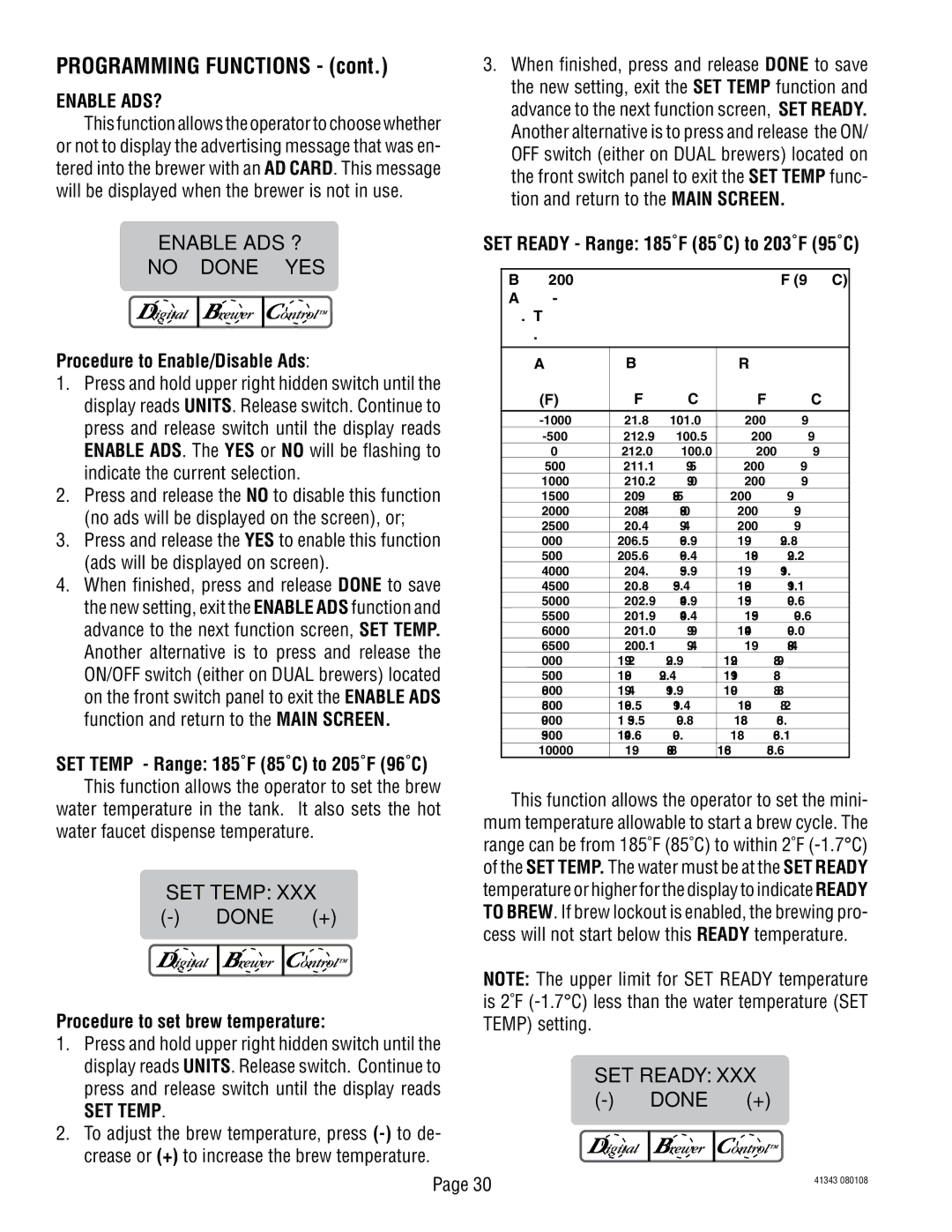 Bunn 41343 manual Enable ADS?, Procedure to Enable/Disable Ads, Procedure to set brew temperature, SET Temp 