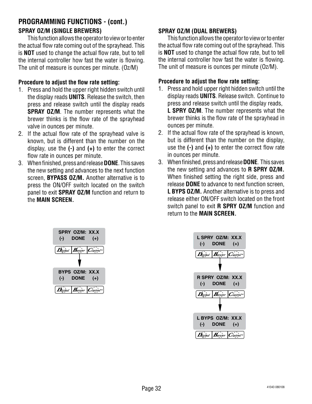 Bunn 41343 manual Spray OZ/M Single Brewers, Procedure to adjust the flow rate setting, Spray OZ/M Dual Brewers 