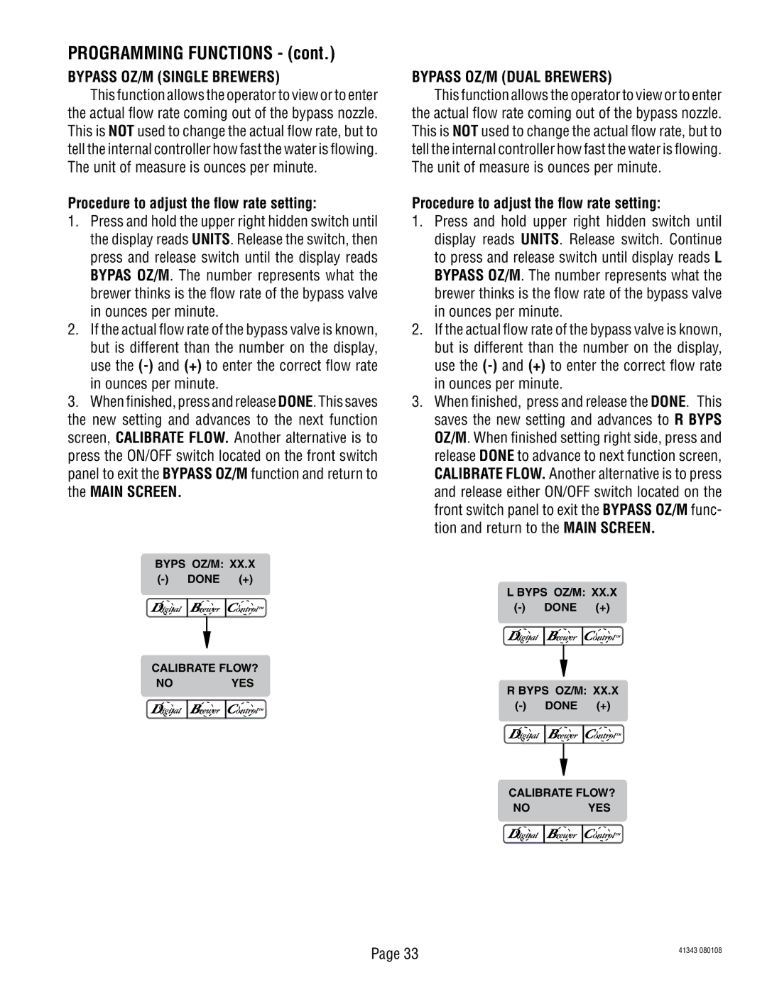 Bunn 41343 manual Bypass OZ/M Single Brewers, Bypass OZ/M Dual Brewers 