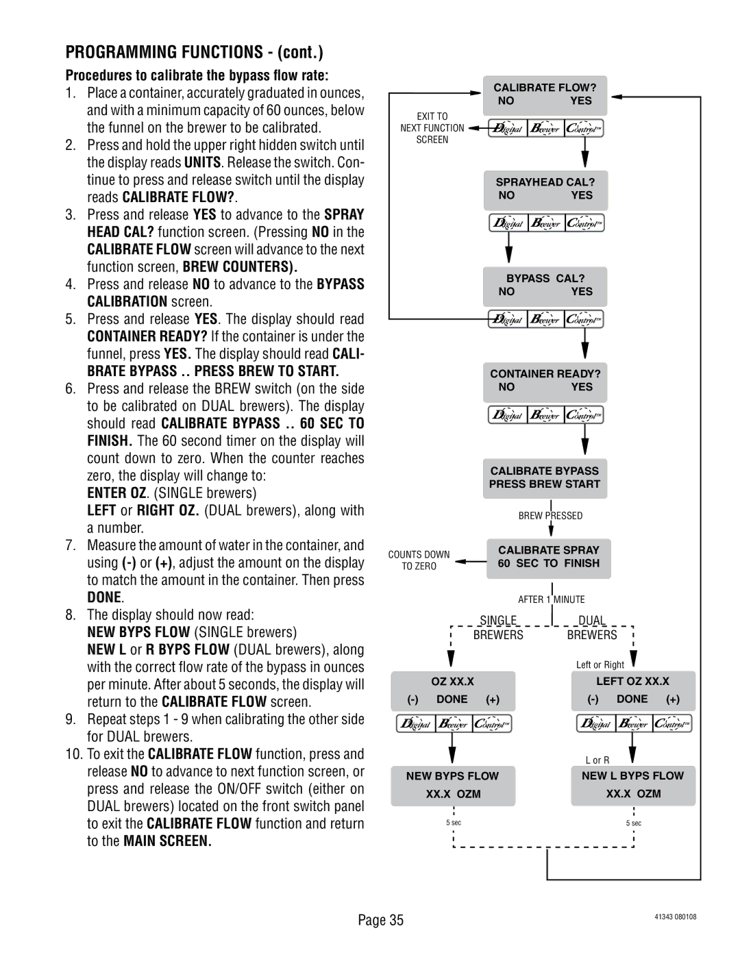 Bunn 41343 manual Procedures to calibrate the bypass flow rate, Brate Bypass .. Press Brew to Start 