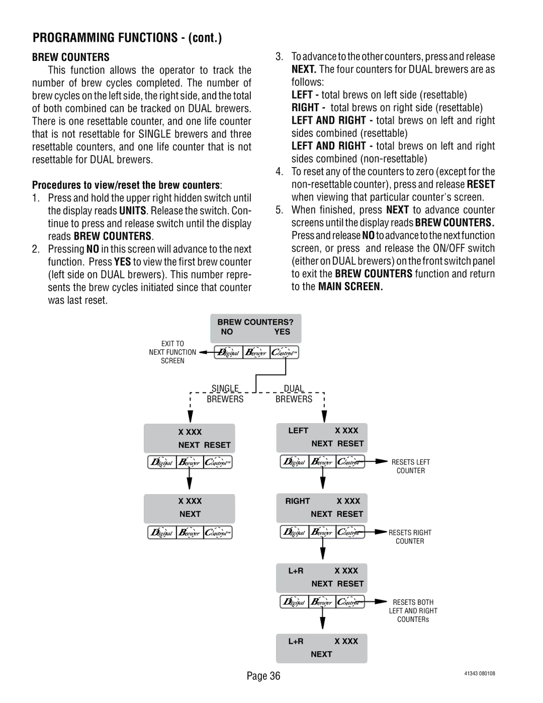 Bunn 41343 manual Brew Counters, Procedures to view/reset the brew counters 