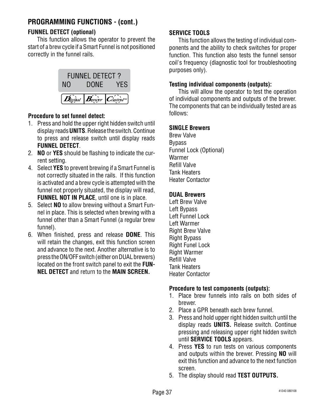 Bunn 41343 manual Funnel Detect, Service Tools 