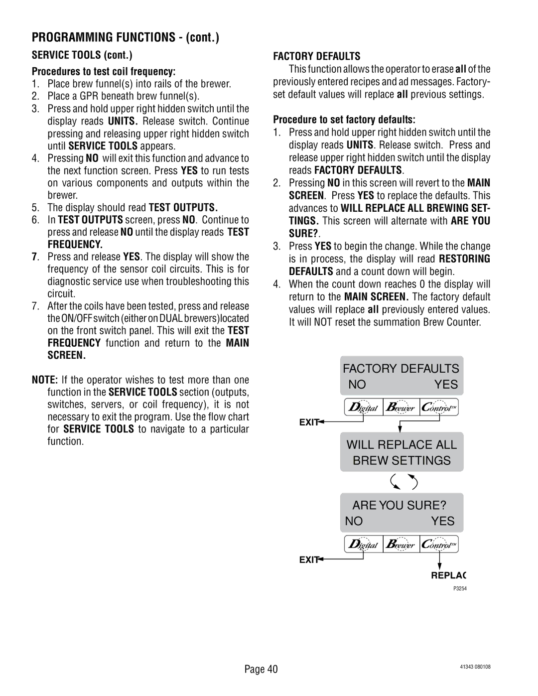 Bunn 41343 manual Service Tools Procedures to test coil frequency, Frequency, Screen Factory Defaults 