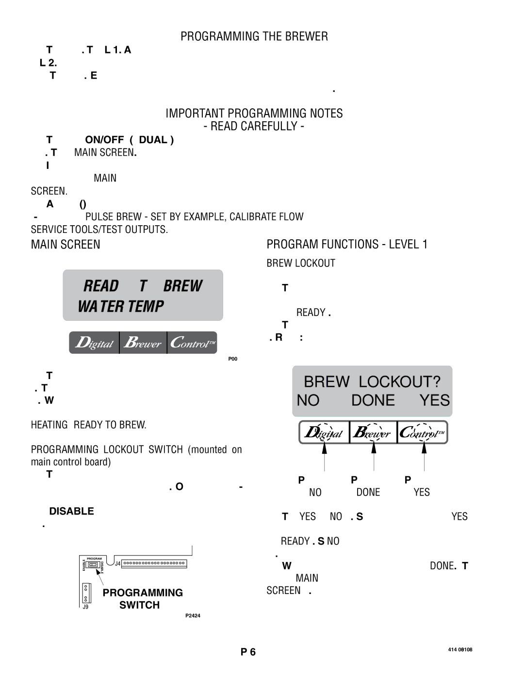 Bunn 41343 Screen, Service TOOLS/TEST Outputs, Brew Lockout, Programming Lockout Switch mounted on main control board 