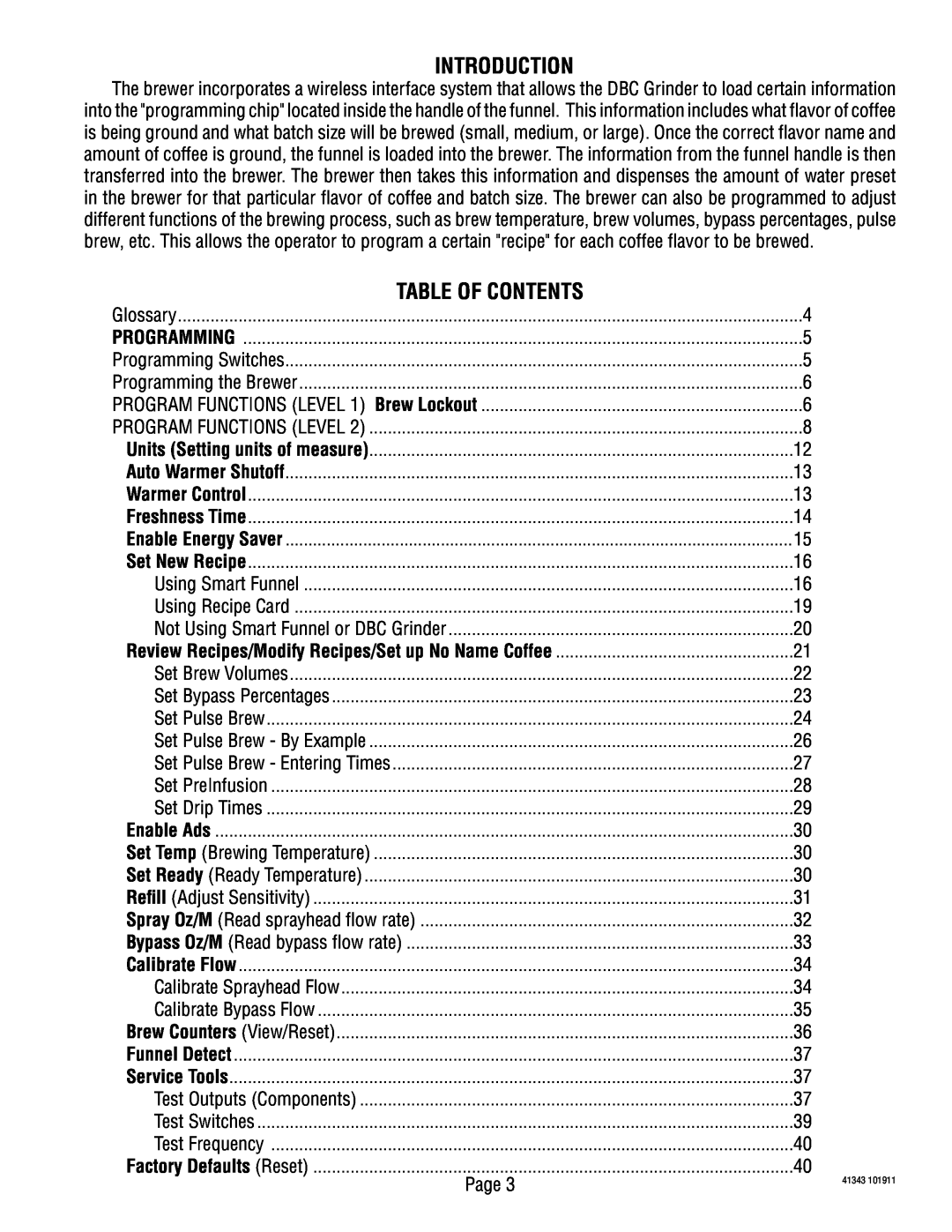 Bunn 41343 manual Introduction, Table Of Contents 