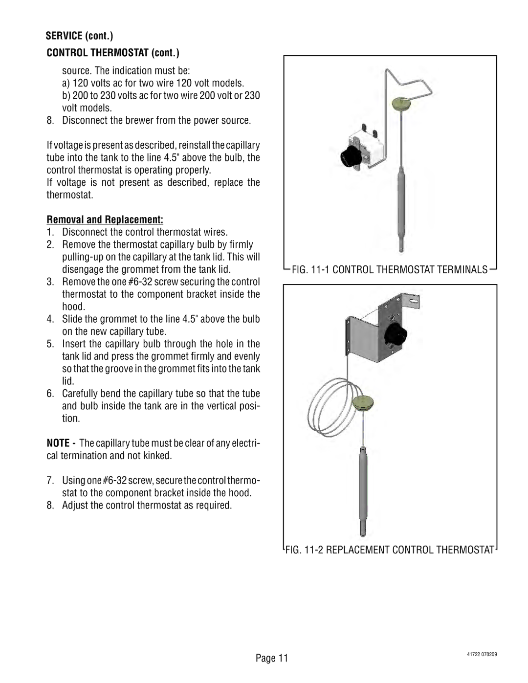 Bunn 41722.0000A manual Disconnect the control thermostat wires, Adjust the control thermostat as required 