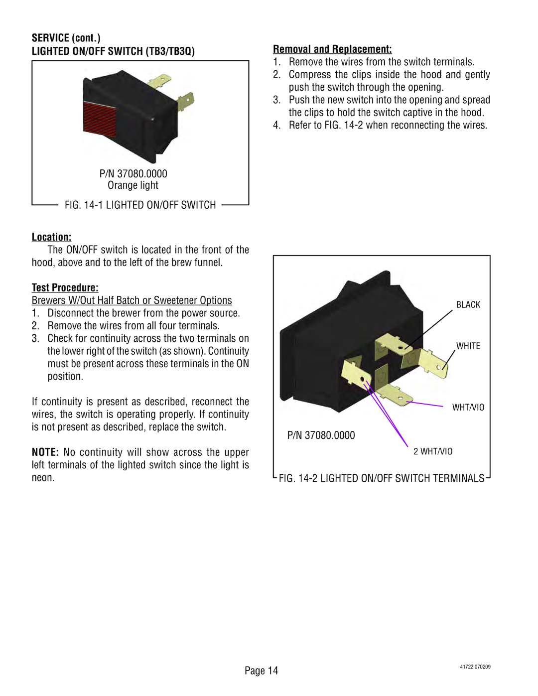 Bunn 41722.0000A manual Lighted ON/OFF Switch TB3/TB3Q, Orange light, Refer to -2 when reconnecting the wires 