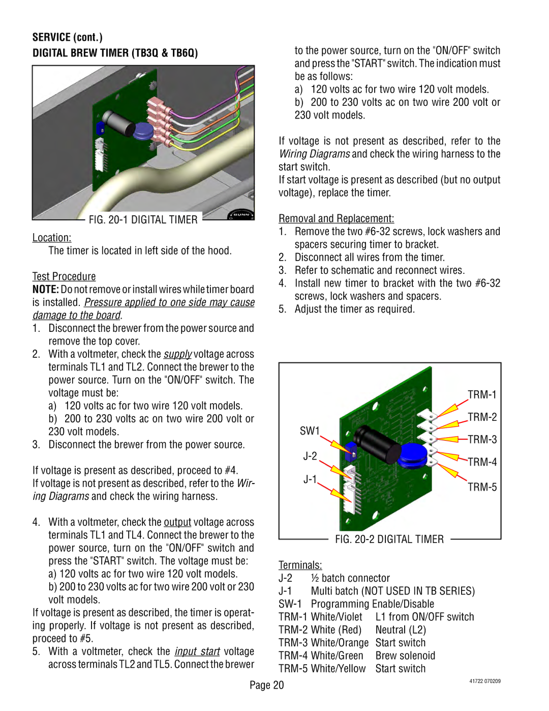 Bunn 41722.0000A manual Digital Brew Timer TB3Q & TB6Q, Terminals ½ batch connector, White Red Neutral L2 