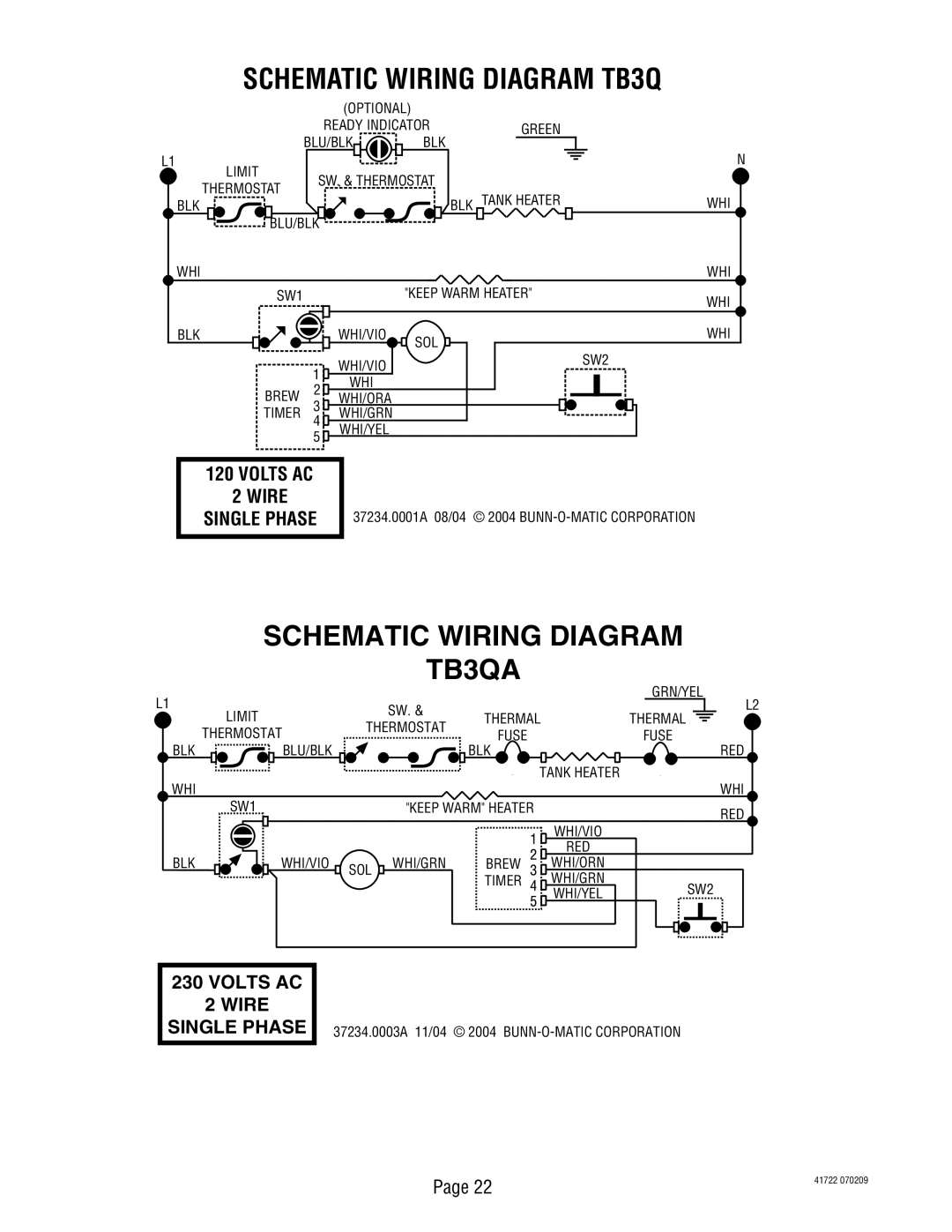 Bunn 41722.0000A manual Schematic Wiring Diagram TB3Q, Volts AC Wire Single Phase 