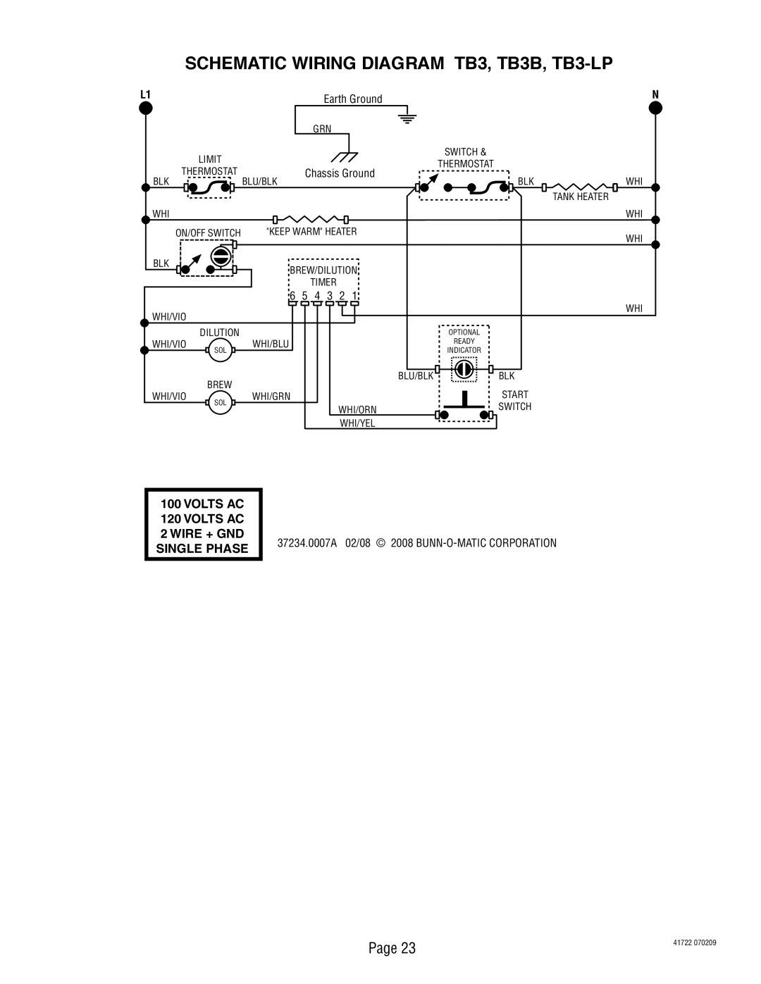 Bunn 41722.0000A manual Schematic Wiring Diagram TB3, TB3B, TB3-LP 