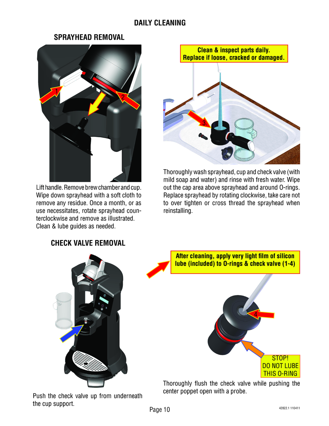 Bunn 428220001E service manual Daily Cleaning Sprayhead Removal, Check Valve Removal 