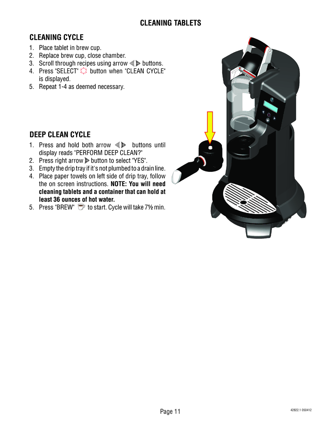 Bunn 428220001E service manual Cleaning Tablets Cleaning Cycle, Deep Clean Cycle 