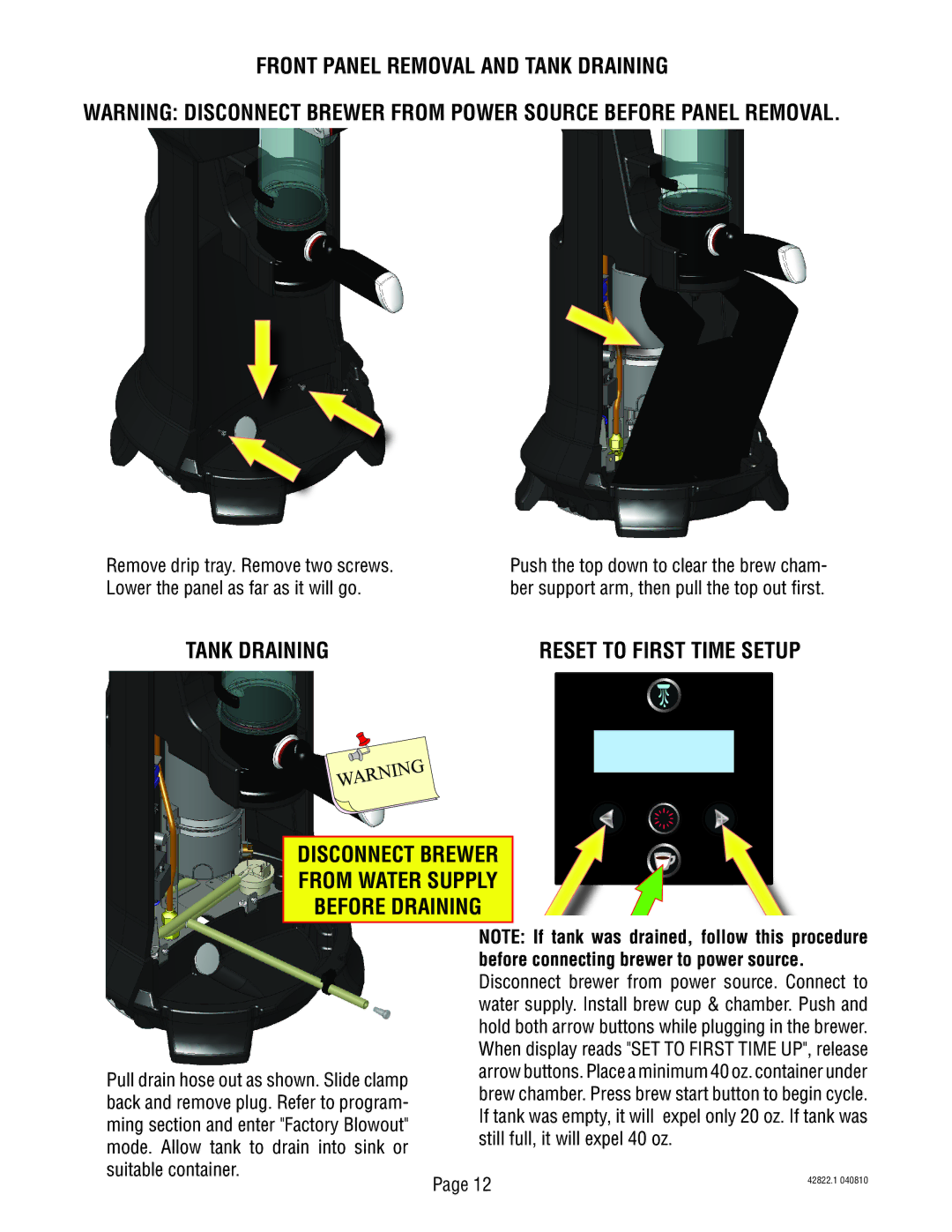 Bunn 428220001E service manual Front Panel Removal and Tank Draining, Disconnect Brewer From Water Supply Before Draining 