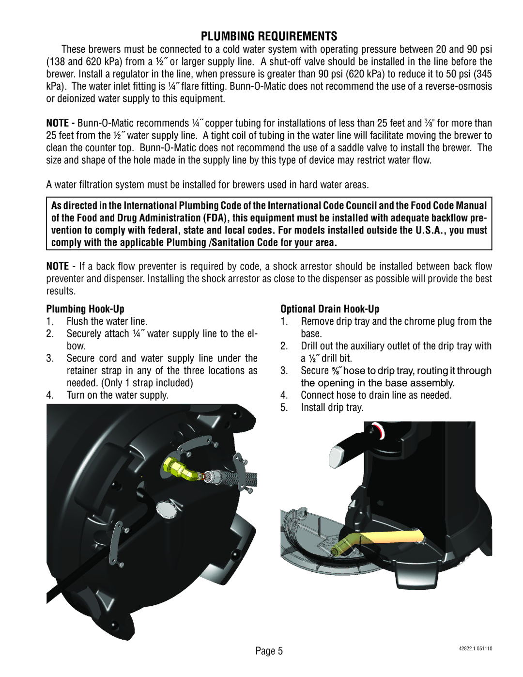 Bunn 428220001E service manual Plumbing Requirements, Plumbing Hook-Up 