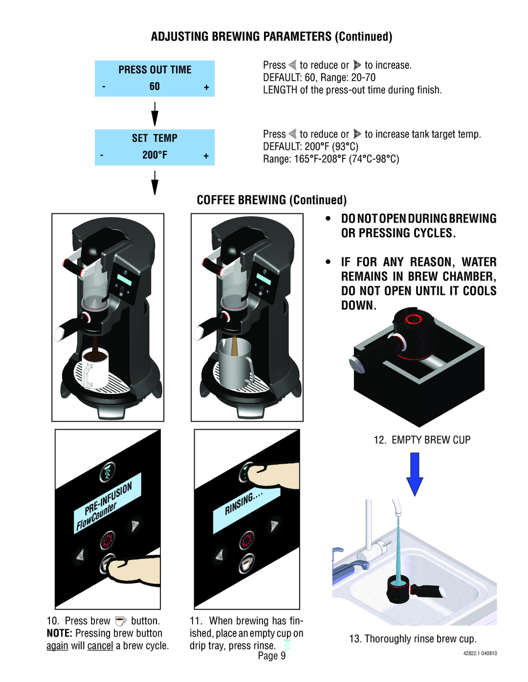 Bunn 428220001E service manual Press OUT Time, SET Temp, Rinsing 