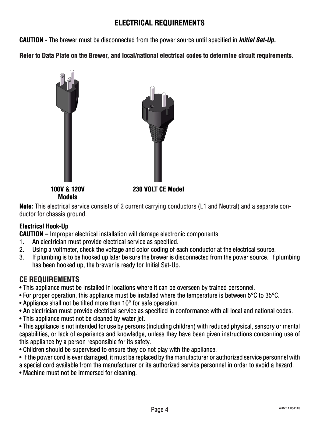 Bunn 428220001E Electrical Requirements, Ce Requirements, 100V, VOLT CE Model, VOLT UK Model, Electrical Hook-Up 
