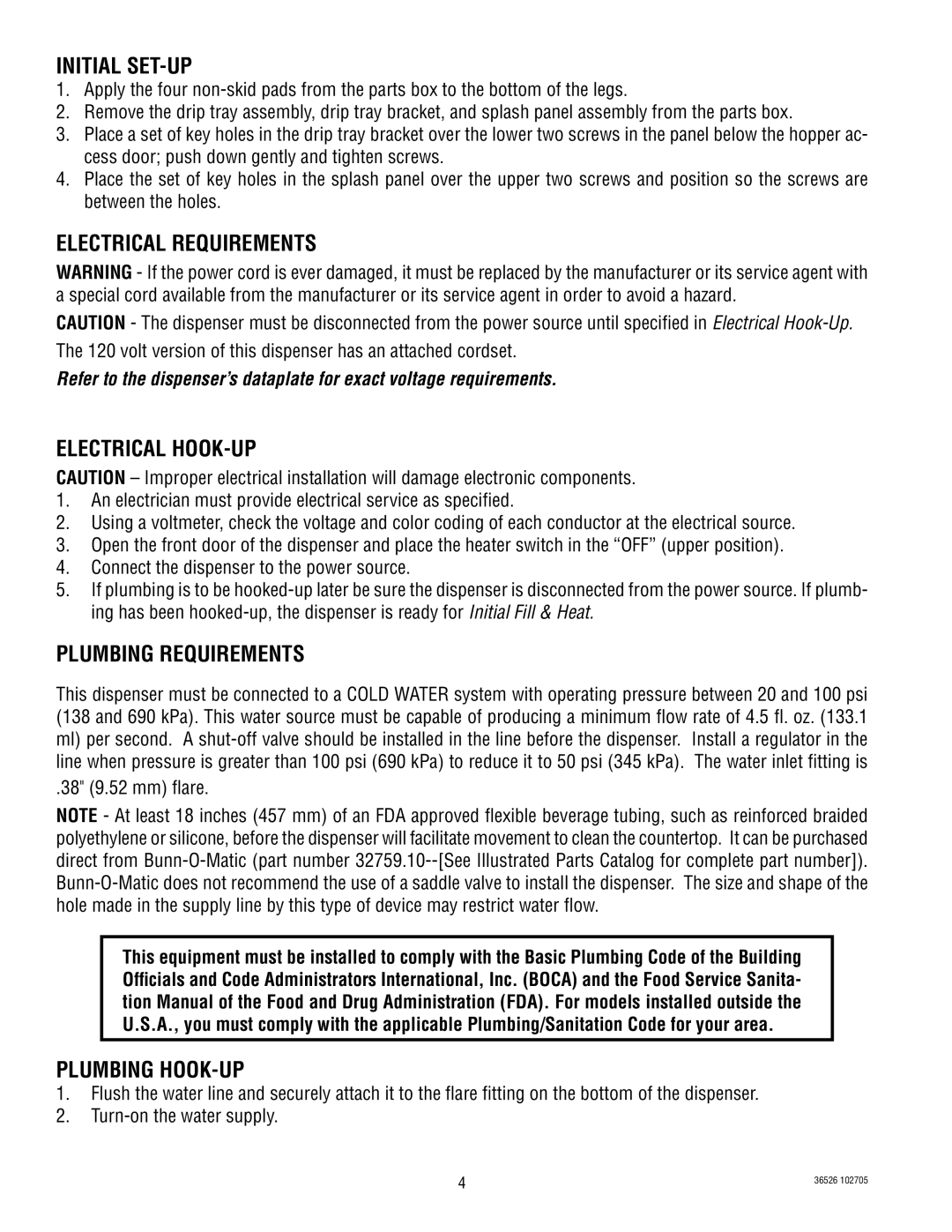 Bunn 5S, IMIX-3S manual Initial SET-UP, Electrical Requirements, Electrical Hook-Up, Plumbing Requirements, Plumbing HOOK-UP 