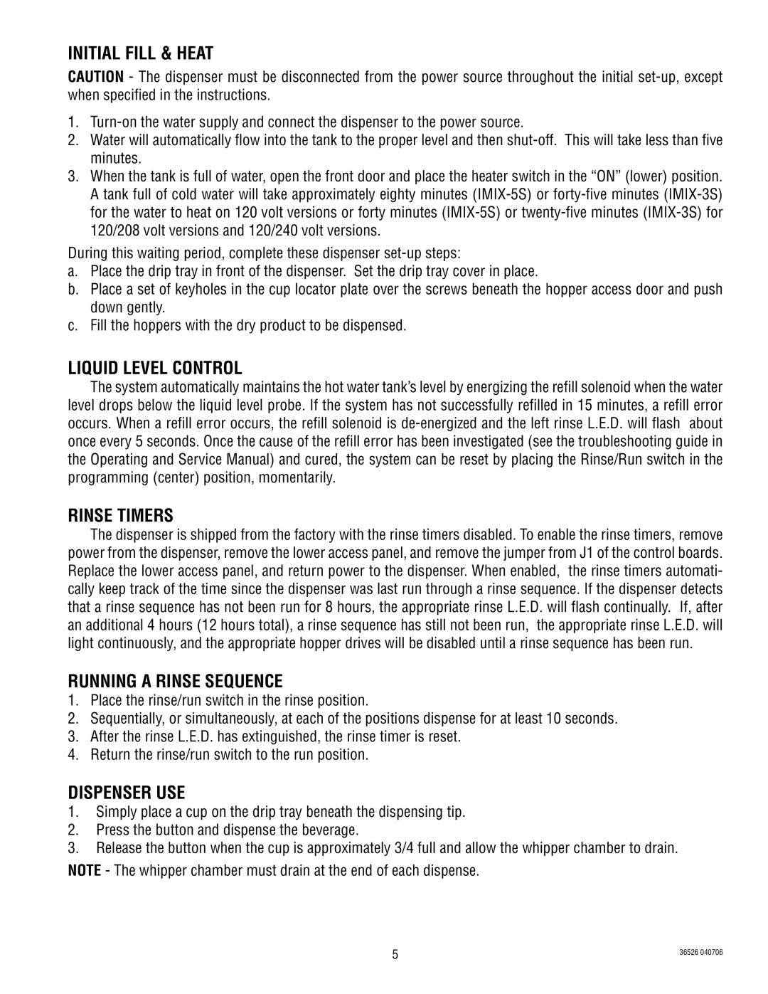 Bunn IMIX-3S, 5S manual Initial fill & heat, Liquid Level Control Rinse Timers, Running a Rinse Sequence, Dispenser USE 