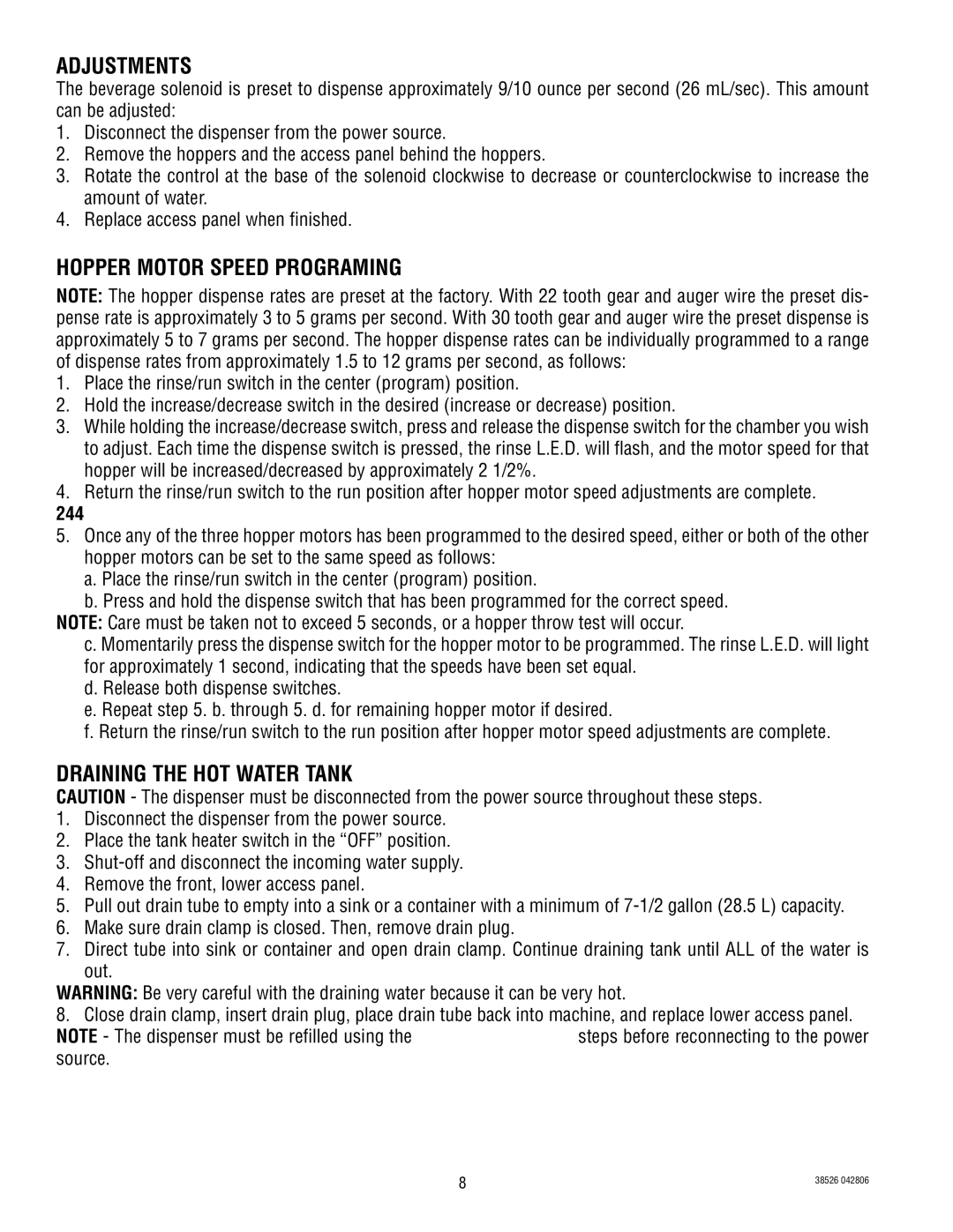 Bunn 5S service manual Adjustments, Hopper Motor Speed Programing, Draining the HOT Water Tank 