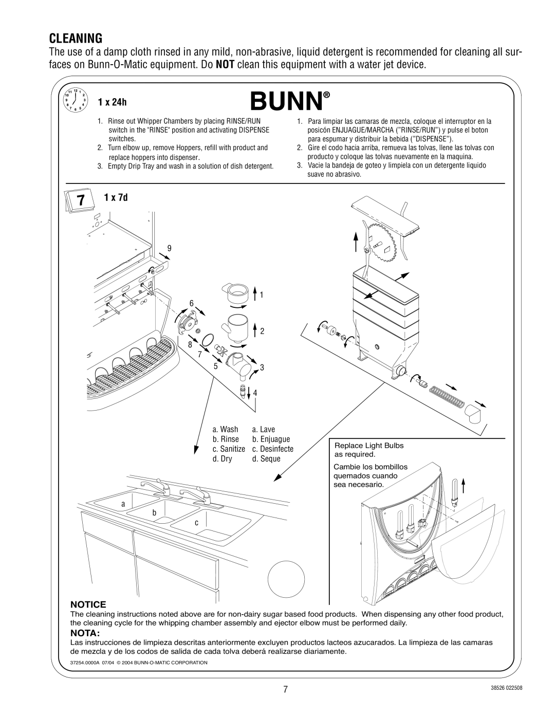 Bunn 5S service manual Cleaning, 1 x 24h, 1 x 7d, Nota, a. Wash, a. Lave, b. Rinse, d. Dry, d. Seque, a b c 
